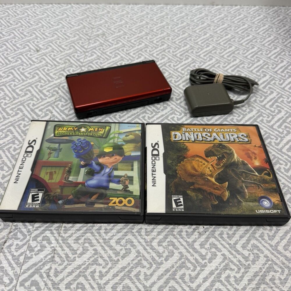 Nintendo DS Lite Crimson Black Bundle w/ 2 Games, OEM Charger - Hinge Crack/Read